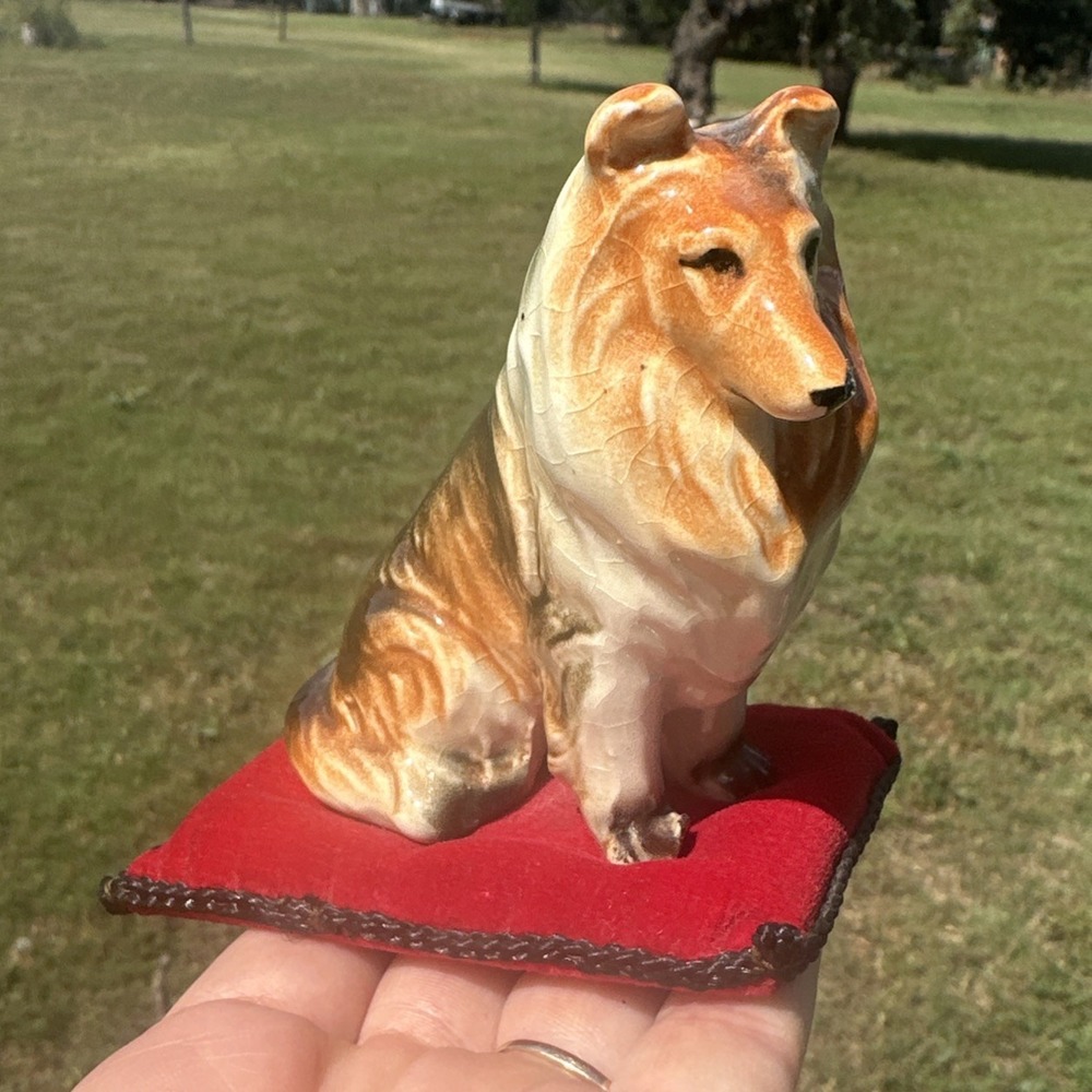 Vintage Collie Dog Lassie Figurine Green Velvet Cushion Midcentury Enesco Japan